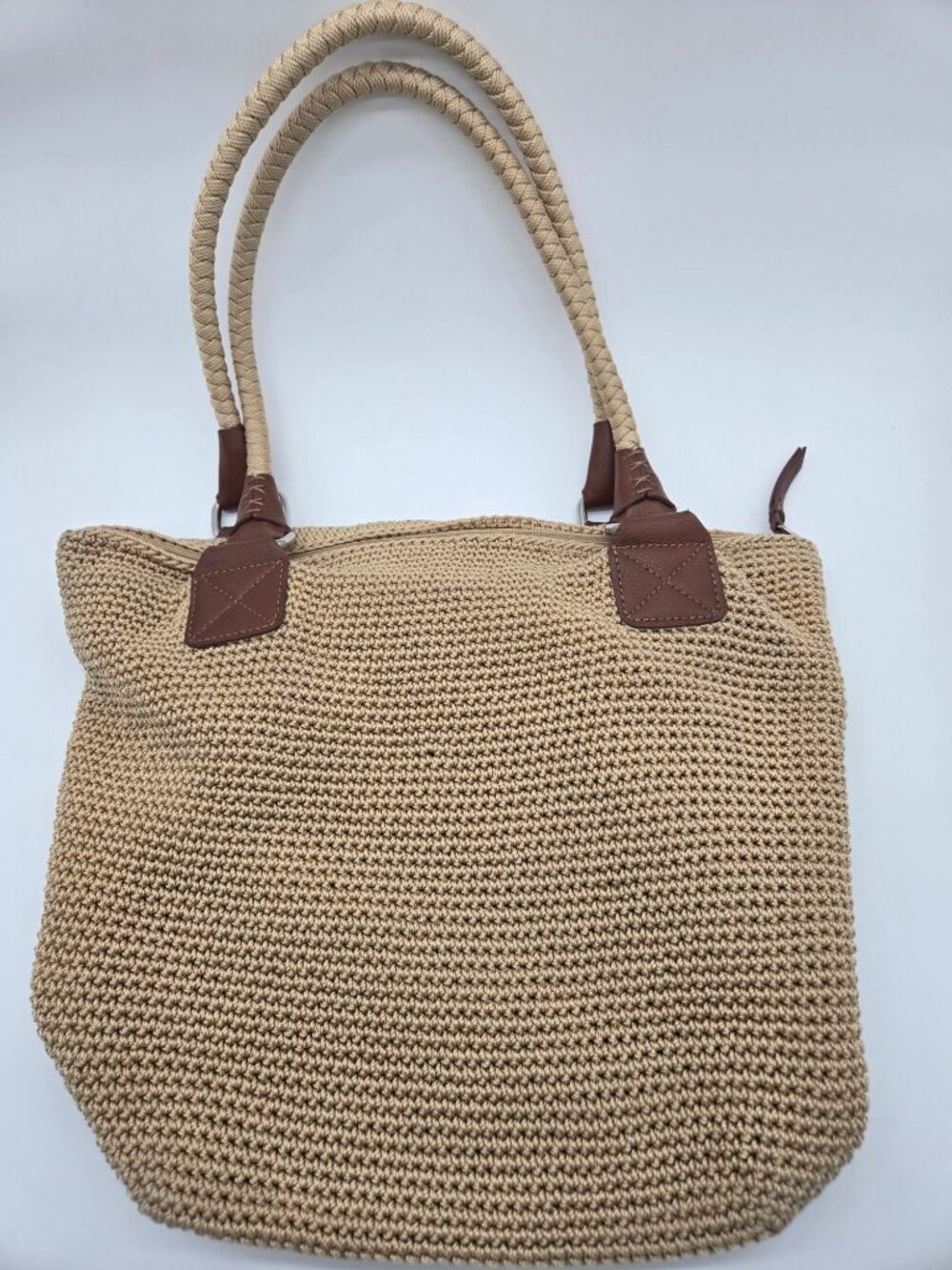 The Sak Cambria Crochet Tote Bag Tan Woven Shoulder Purse Zip Top Braided Handle